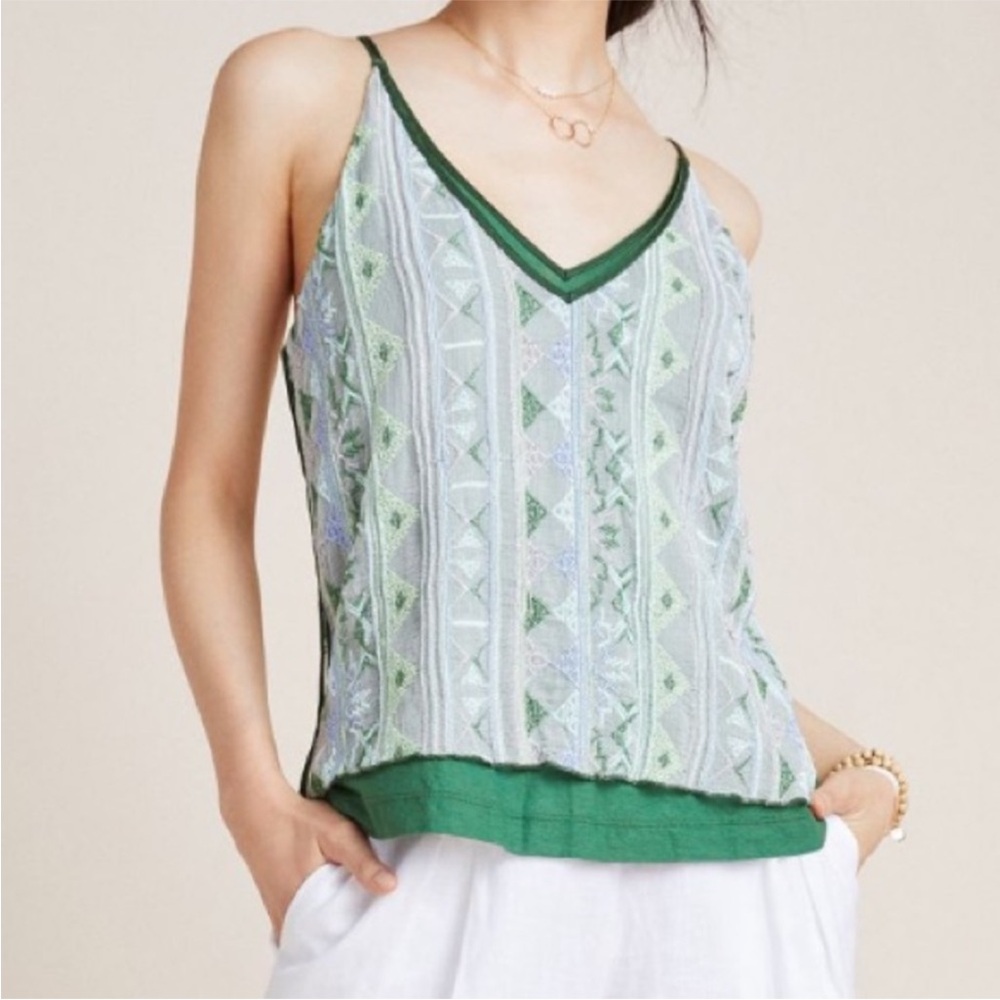 Tiny Anthropologie Clarice Embroidered Tank Green Size Small NWT